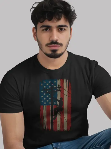 Patriotic Lineman T-Shirt – Vintage Flag Graphic - Image 7