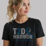 black t2d warrior diabetes shirt front view with awareness ribbon
