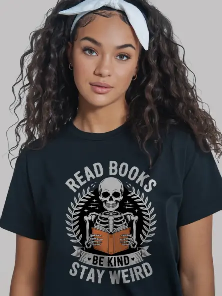 Skeleton Reading T-Shirt – Stay Weird, Read Books, Be Kind Tee - Image 3
