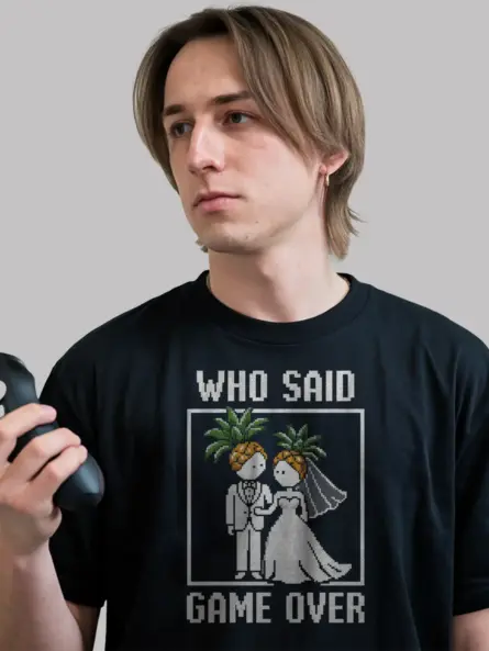 Who Said Game Over Retro Gamer Wedding T-Shirt - Image 6