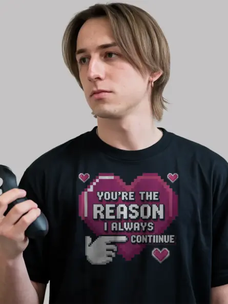 Pixel Art Gamer Couple T-Shirt – “You're The Reason” Retro 8-Bit Heart Tee - Image 3