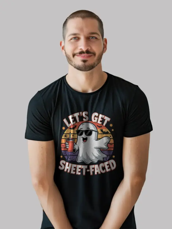 black front view let’s get sheet faced halloween t-shirt funny ghost design
