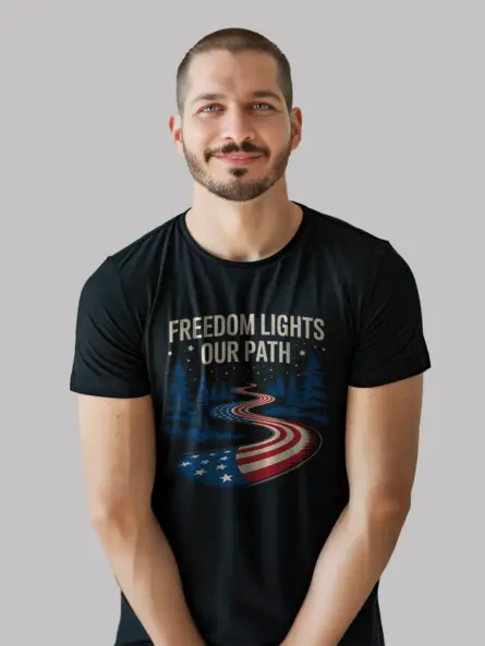 Powerful Patriotic American Flag Forest T-Shirt – Freedom Lights Our Path - Image 3