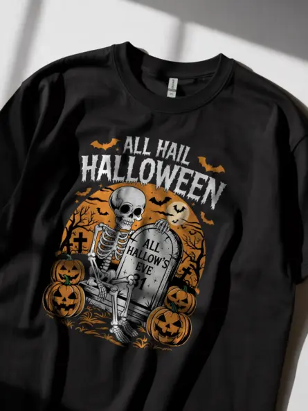 Black Shirt Lifestyle Shot – All Hail Halloween – gothic skeleton Halloween t-shirt