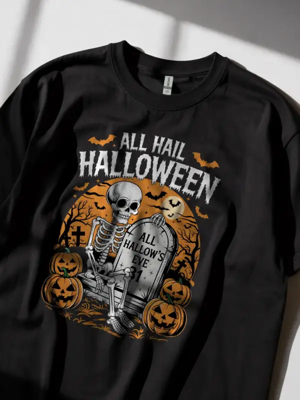 Black Shirt Lifestyle Shot – All Hail Halloween – gothic skeleton Halloween t-shirt