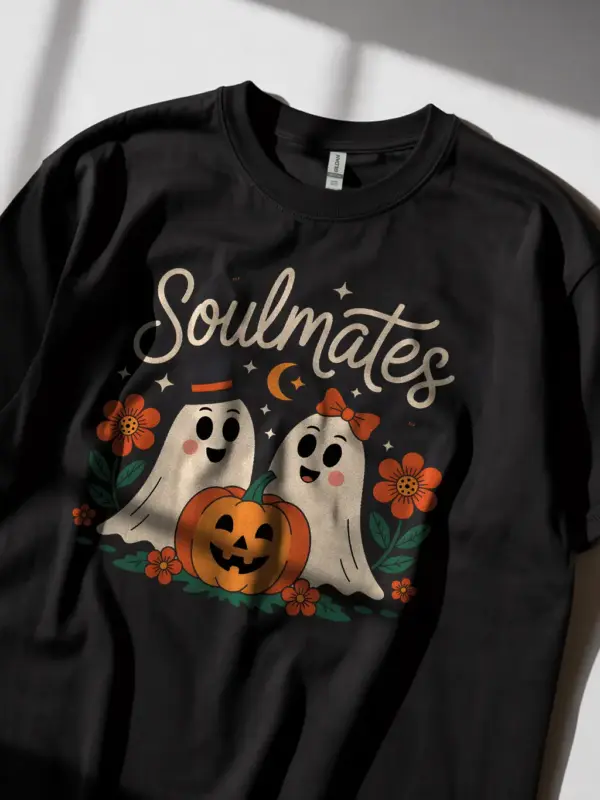 black shirt front – soulmates design with ghosts and pumpkin – ghost couple t-shirt