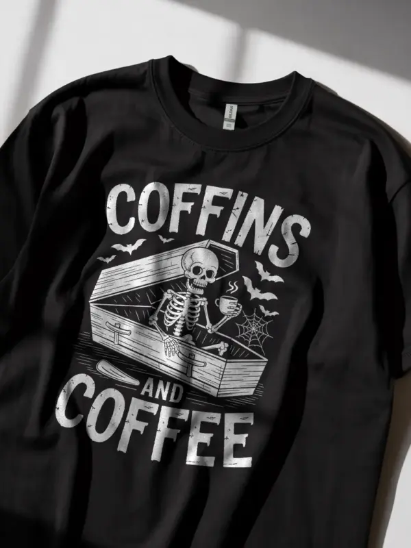 Black Coffins and Coffee Lifestyle – dark humor goth skeleton coffee t-shirt for Halloween