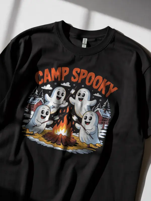 Black Camp Spooky cute ghost campfire t-shirt front view