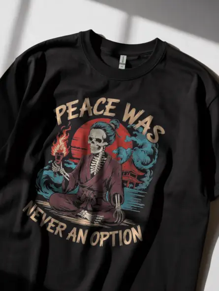 Black samurai skeleton t-shirt with red sun and temple