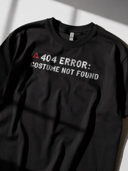 Lifestyle shot black shirt 404 Error Costume Not Found t-shirt gamer