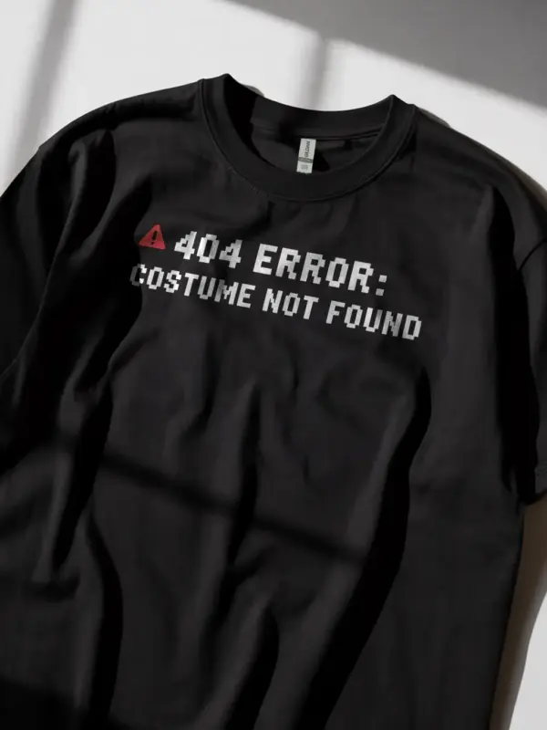Lifestyle shot black shirt 404 Error Costume Not Found t-shirt gamer