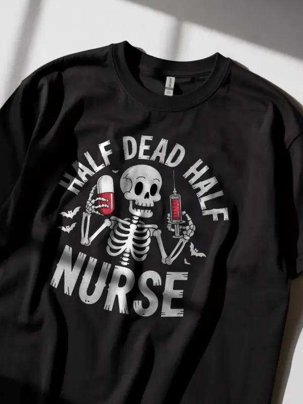 showing fit – funny nurse burnout t-shirt in black