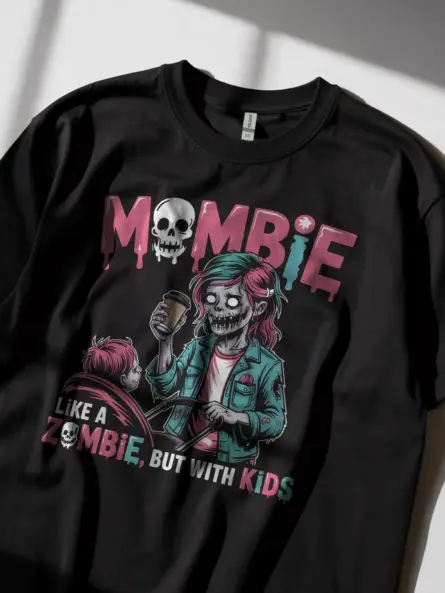 Black lifestyle shot – Coffee zombie mom pushing stroller – mombie t-shirt for moms
