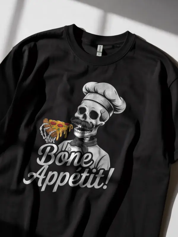Black skeleton chef pizza t-shirt design