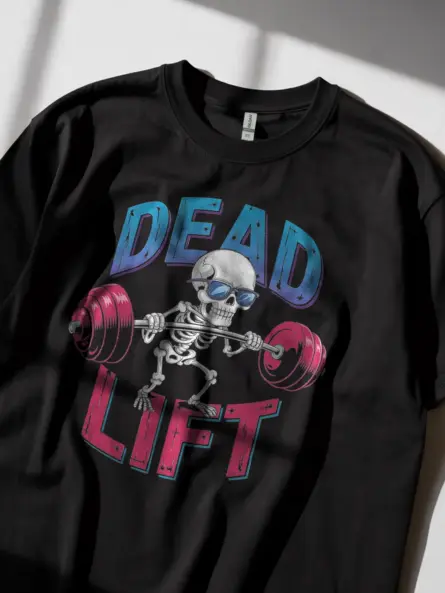 Lifestyle shot in Black funny skeleton chef pizza workout tee