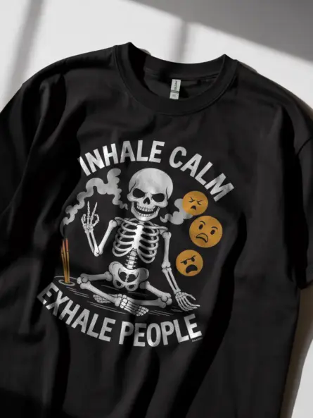 black lifestyle photo – sarcastic yoga graphic tee – skeleton meditation t-shirt