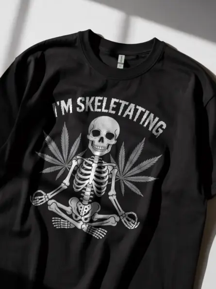 Black lifestyle photo – stoner meditation t-shirt with cannabis skeleton