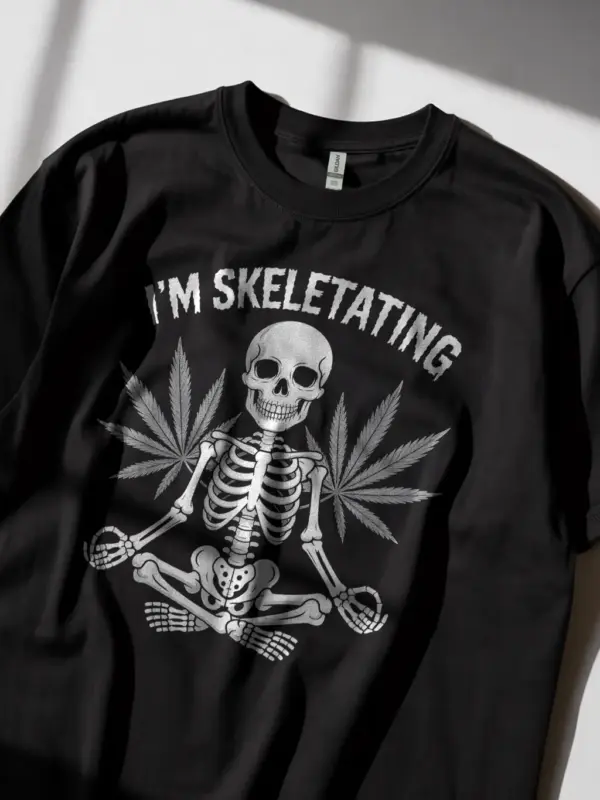 Black lifestyle photo – stoner meditation t-shirt with cannabis skeleton