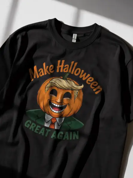 showing fit and fabric – trumpkin Halloween t-shirt for adults