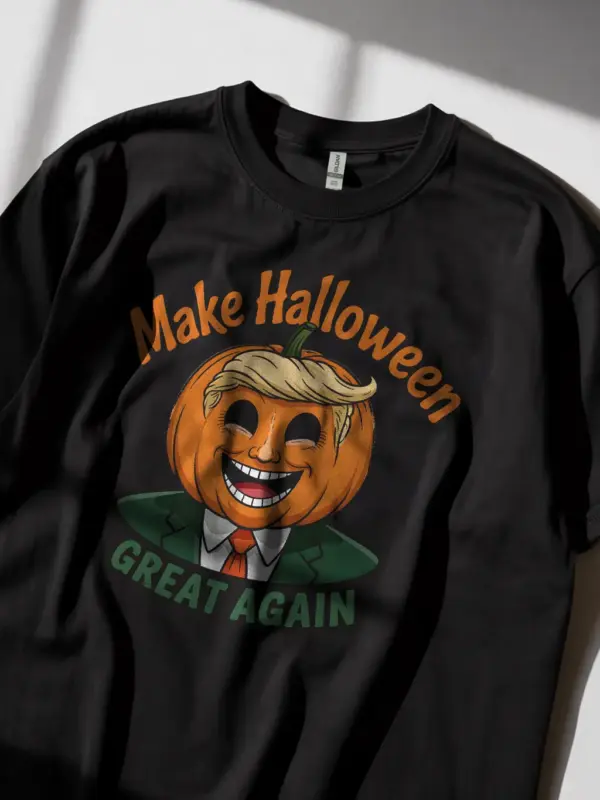 showing fit and fabric – trumpkin Halloween t-shirt for adults