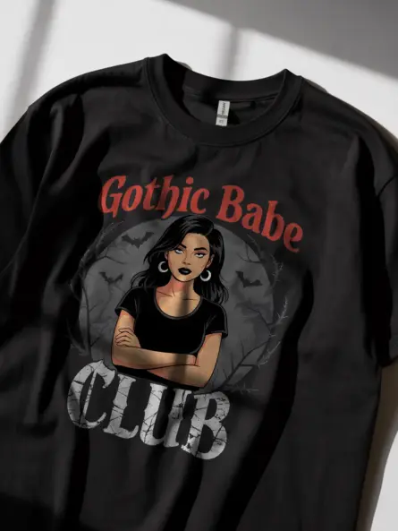 Lifestyle Model Wearing Black Gothic Babe Club T-Shirt Outdoors