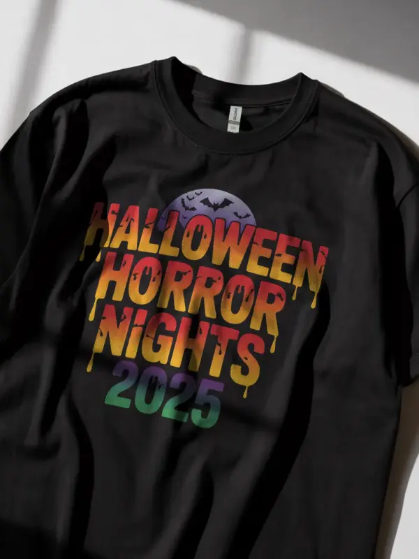 Rear view black tee for fit preview — halloween horror nights t-shirt for haunted event