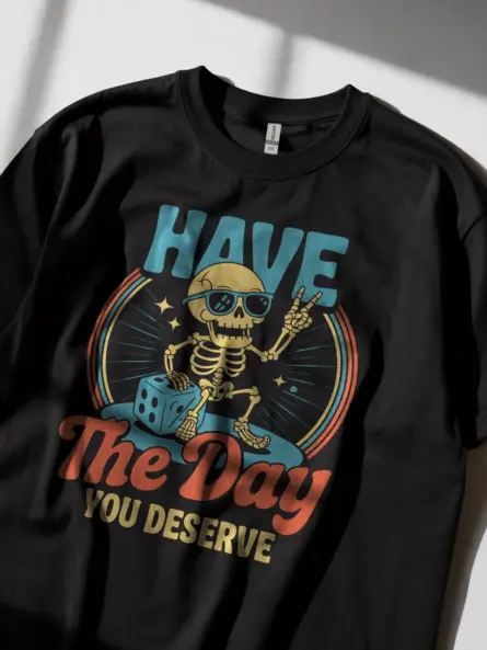 Lifestyle image in black tee – positive vibes skeleton t-shirt