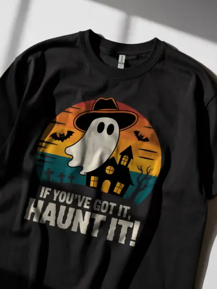 black lifestyle shot if you’ve got it haunt it t-shirt retro halloween style