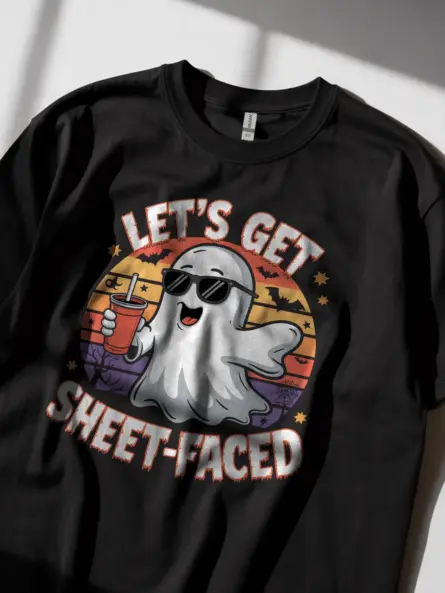 black lifestyle shot let’s get sheet faced halloween t-shirt party shirt