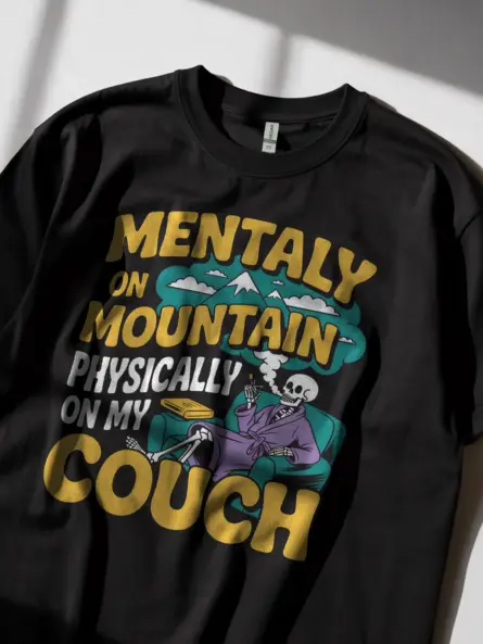 black shirt – lounging skeleton smoking graphic – mentally on mountain t-shirt