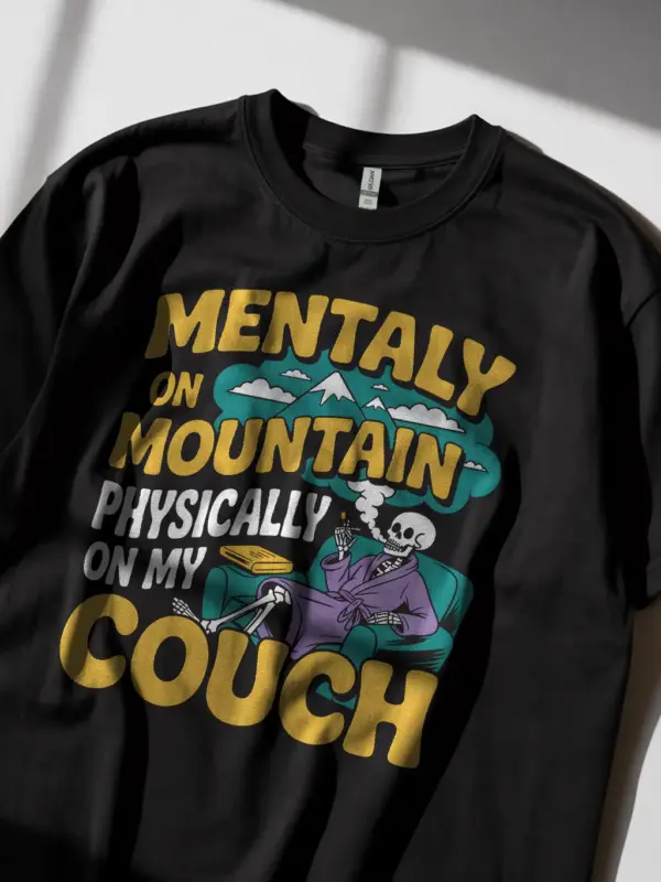black shirt – lounging skeleton smoking graphic – mentally on mountain t-shirt