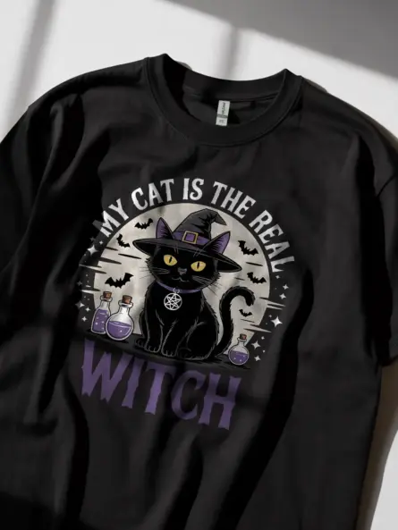 black my cat is the real witch t-shirt spooky pentagram shirt