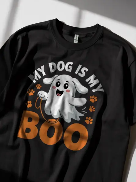 black lifestyle shot my dog is my boo halloween t-shirt pet parent shirt