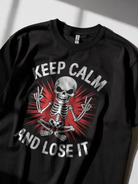 Lifestyle shot Black Shirt Keep Calm and Lose It punk skeleton meditation t-shirt