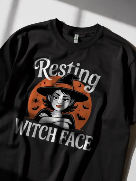 black lifestyle shot resting witch face halloween t-shirt sassy women’s apparel