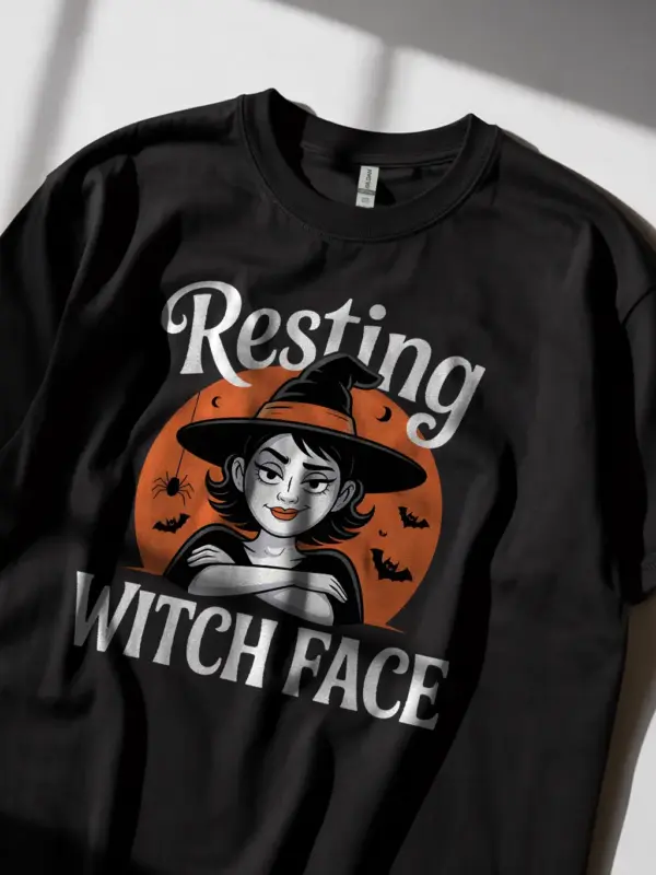 black lifestyle shot resting witch face halloween t-shirt sassy women’s apparel