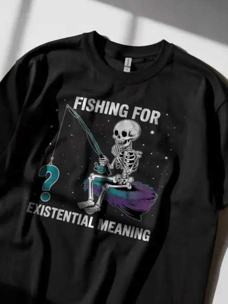 Lifestyle photo Black existential skeleton t-shirt for philosophy fans