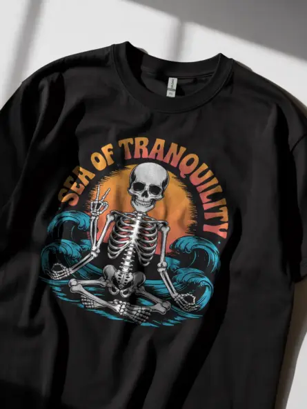 Black sea of tranquility t-shirt lifestyle image – psychedelic surf skeleton tee