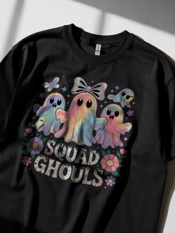 Black lifestyle shot – floral and ghost group tee squad ghouls halloween shirt
