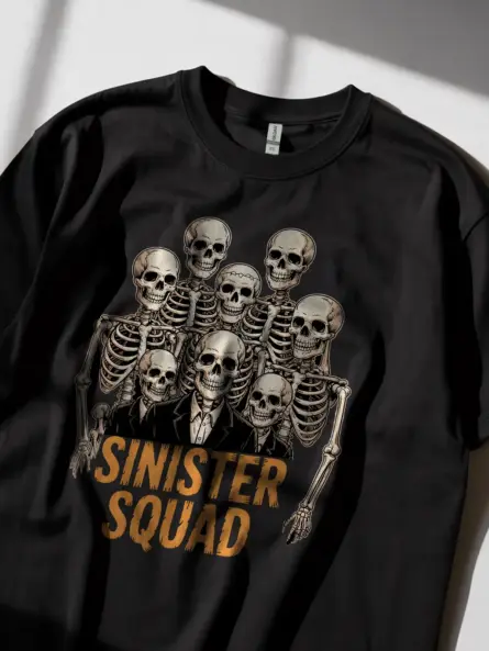 Black Shirt Lifestyle Shot – Sinister Squad Vintage Skeleton Squad T-Shirt