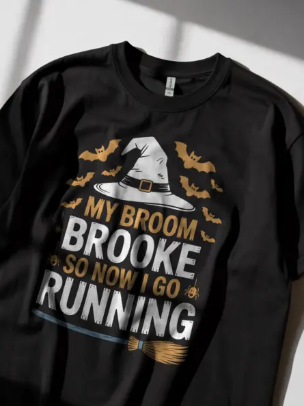 black White lifestyle photo – funny fitness Halloween shirt – my broom broke so now I go running shirt