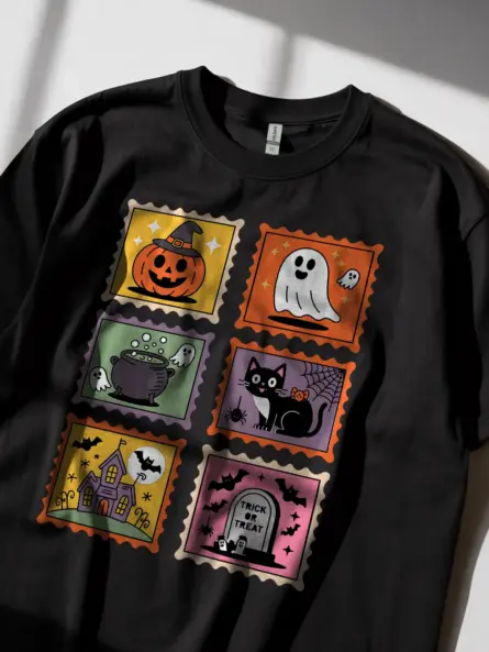 Cute Halloween Stamp Shirt for Kids – Retro Graphic Tee - Image 2
