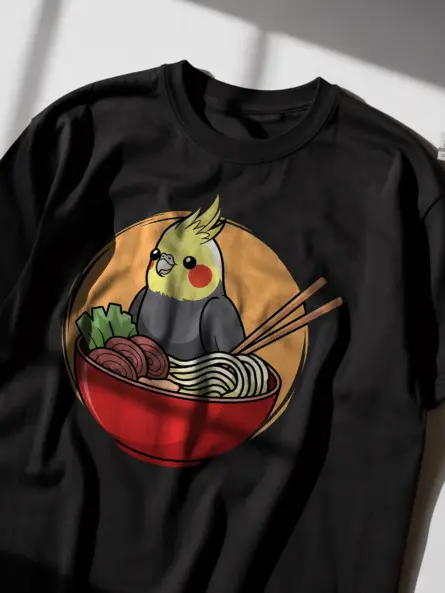 Whimsical Cute Cockatiel T Shirt – Ramen Bowl Kawaii Bird Tee - Image 2