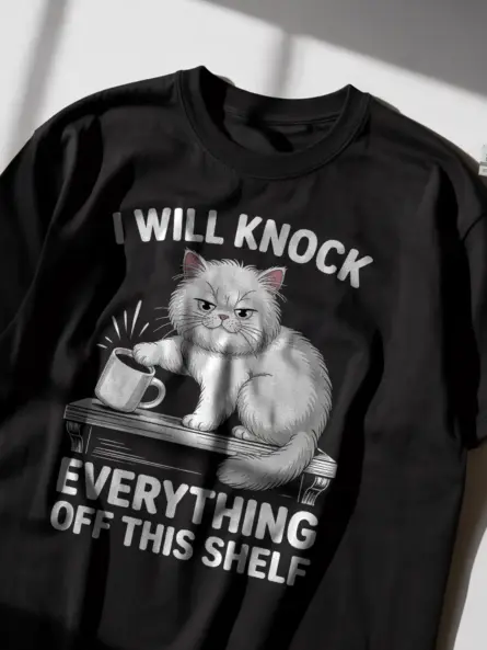 Grumpy Cat Shirt – Funny Shelf Destruction Graphic Tee - Image 2