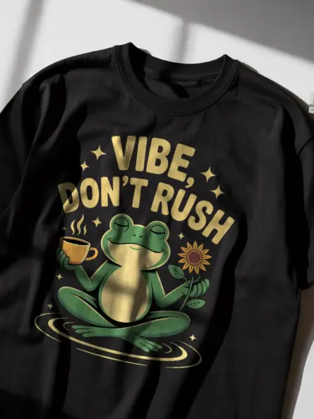 Meditating Frog Coffee T-Shirt – “Vibe Don’t Rush” Retro Cottagecore Style - Image 2