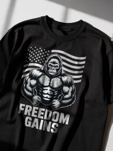 Freedom Gains Patriotic Gym Shirt – Bold USA Flag Workout Tee - Image 2