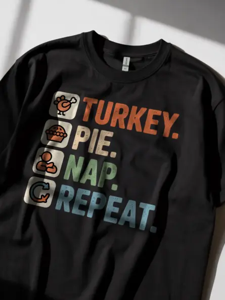 Turkey Pie Nap Repeat Shirt – Funny Minimalist Thanksgiving Tee - Image 2