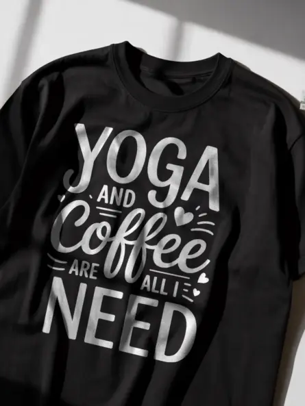 Black Shirt Lifestyle Shot Yoga and Coffee Are All I Need T-Shirt for Studio Practice