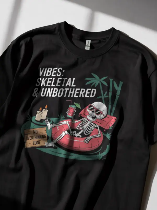 Lifestyle image black skeleton vibes t-shirt with tropical drink