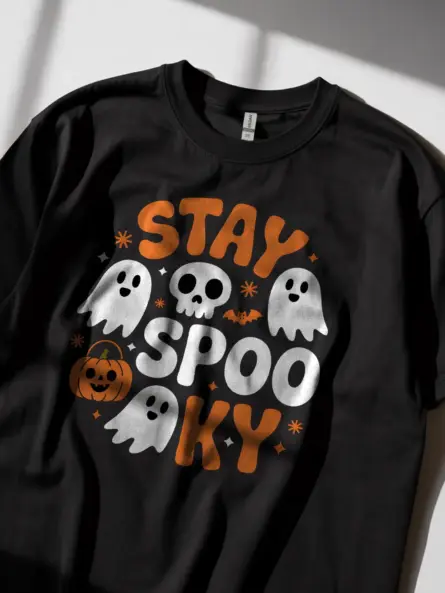 black lifestyle photo – Halloween cartoon tee – stay spooky t-shirt